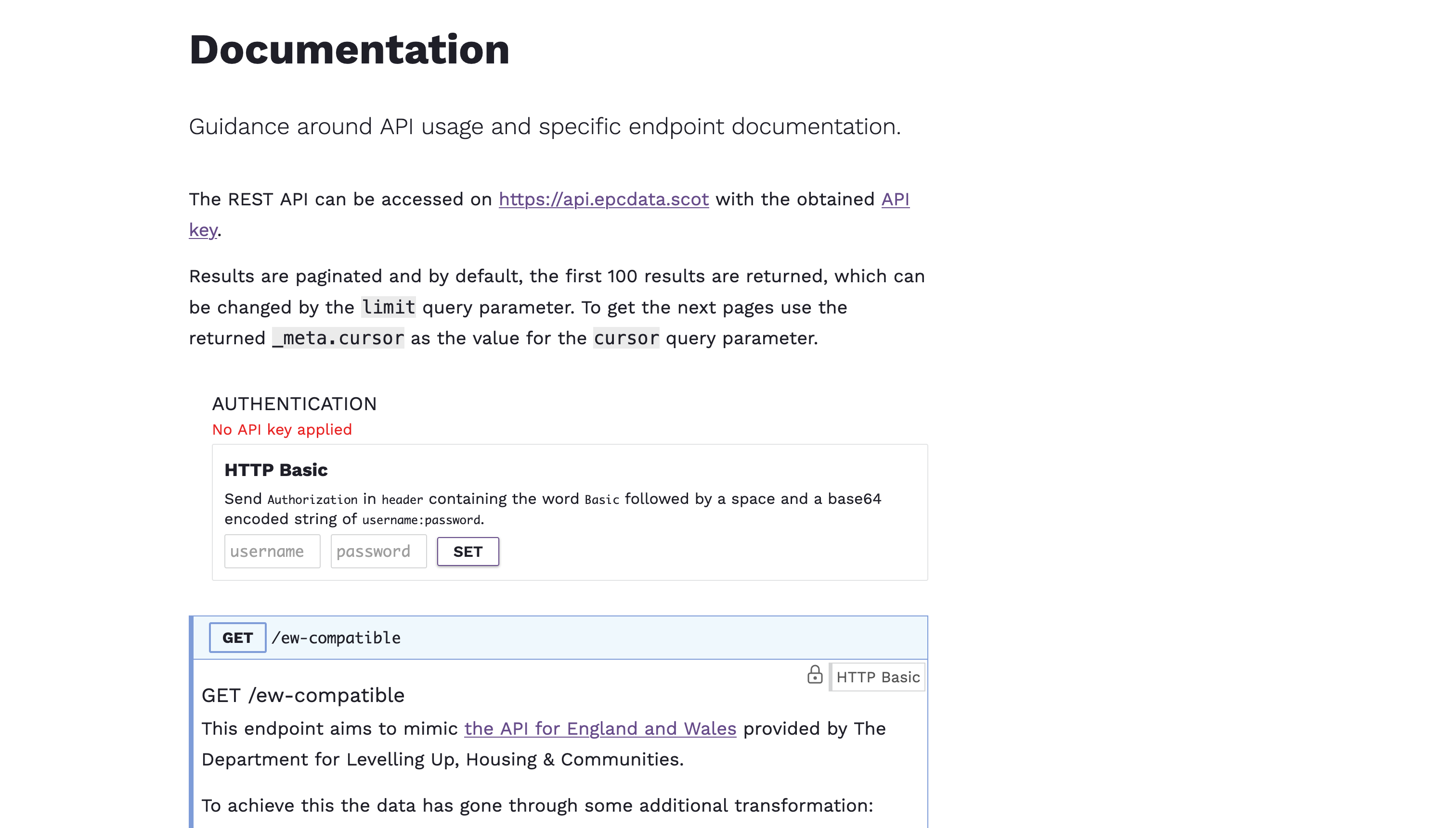 Screenshot of the API documenation page for epcdata.scot