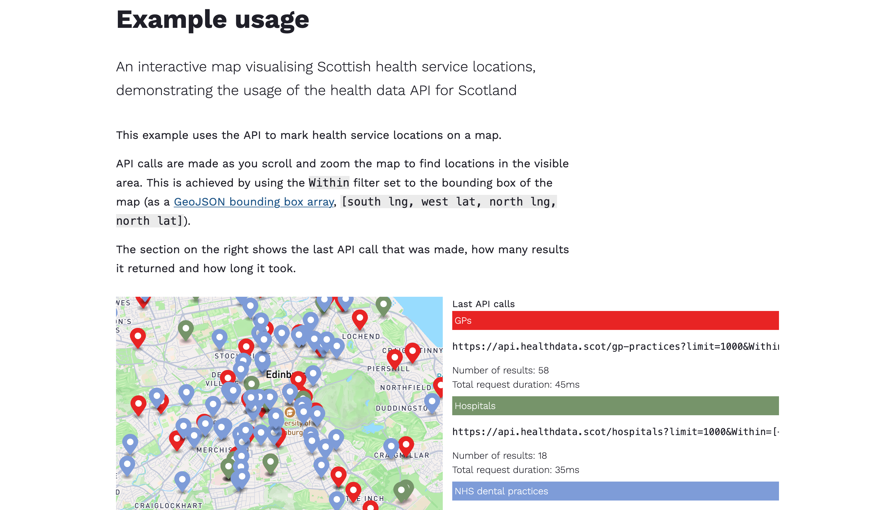 Screenshot of the Example usage page for healthdata.scot
