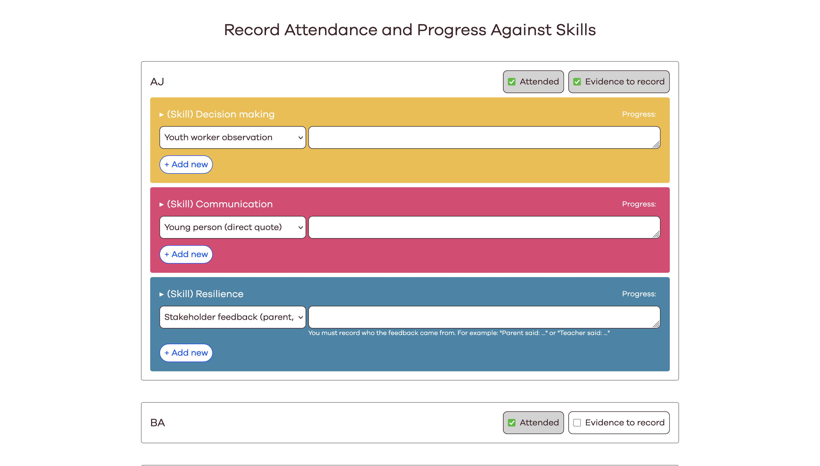 Screenshot from Youth Work SkillsTrack showing a form page